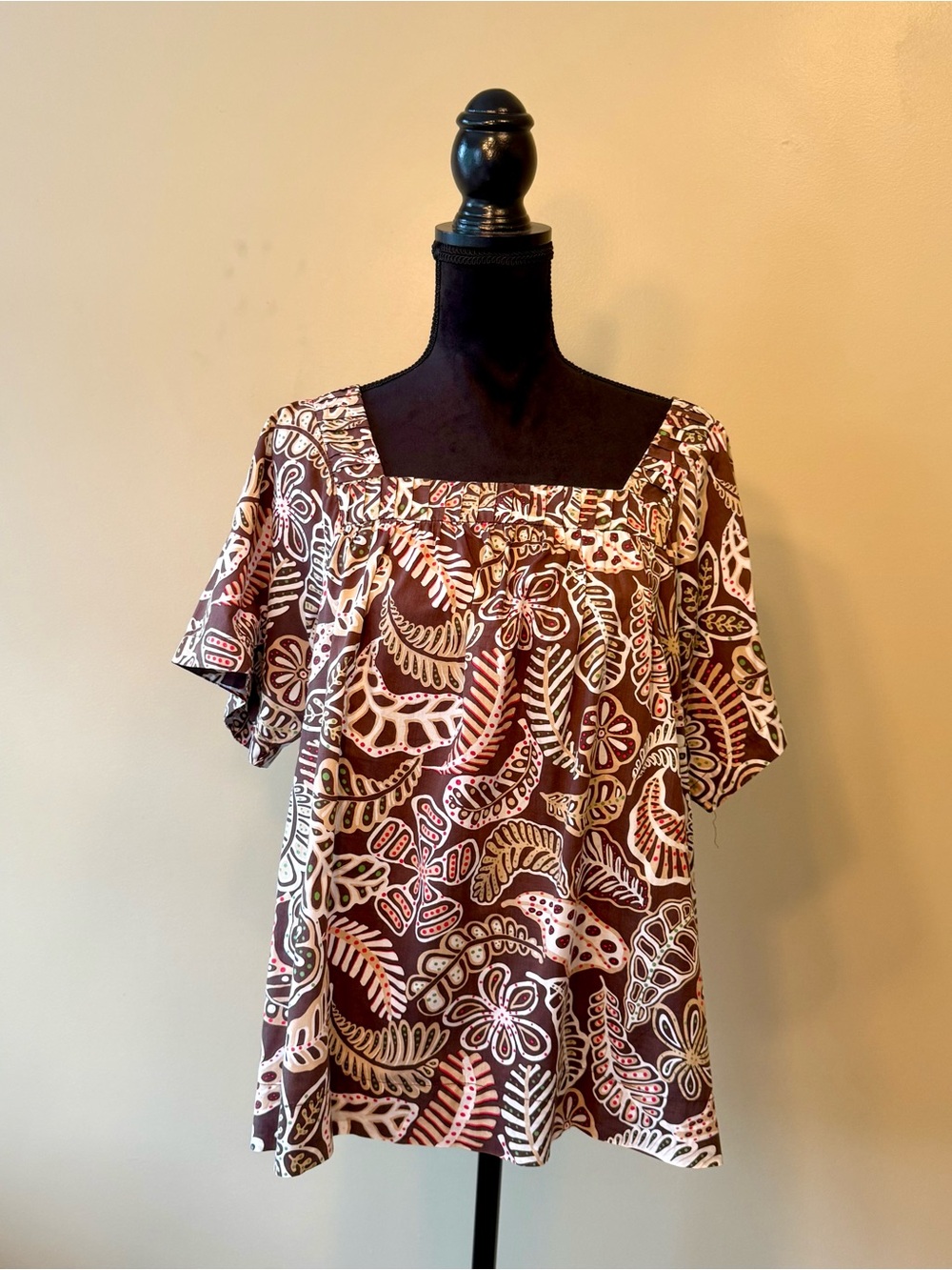 Women’s Cotton Short Sleeve Top Size L Brown Palm Tropical Tikki Boho Summer